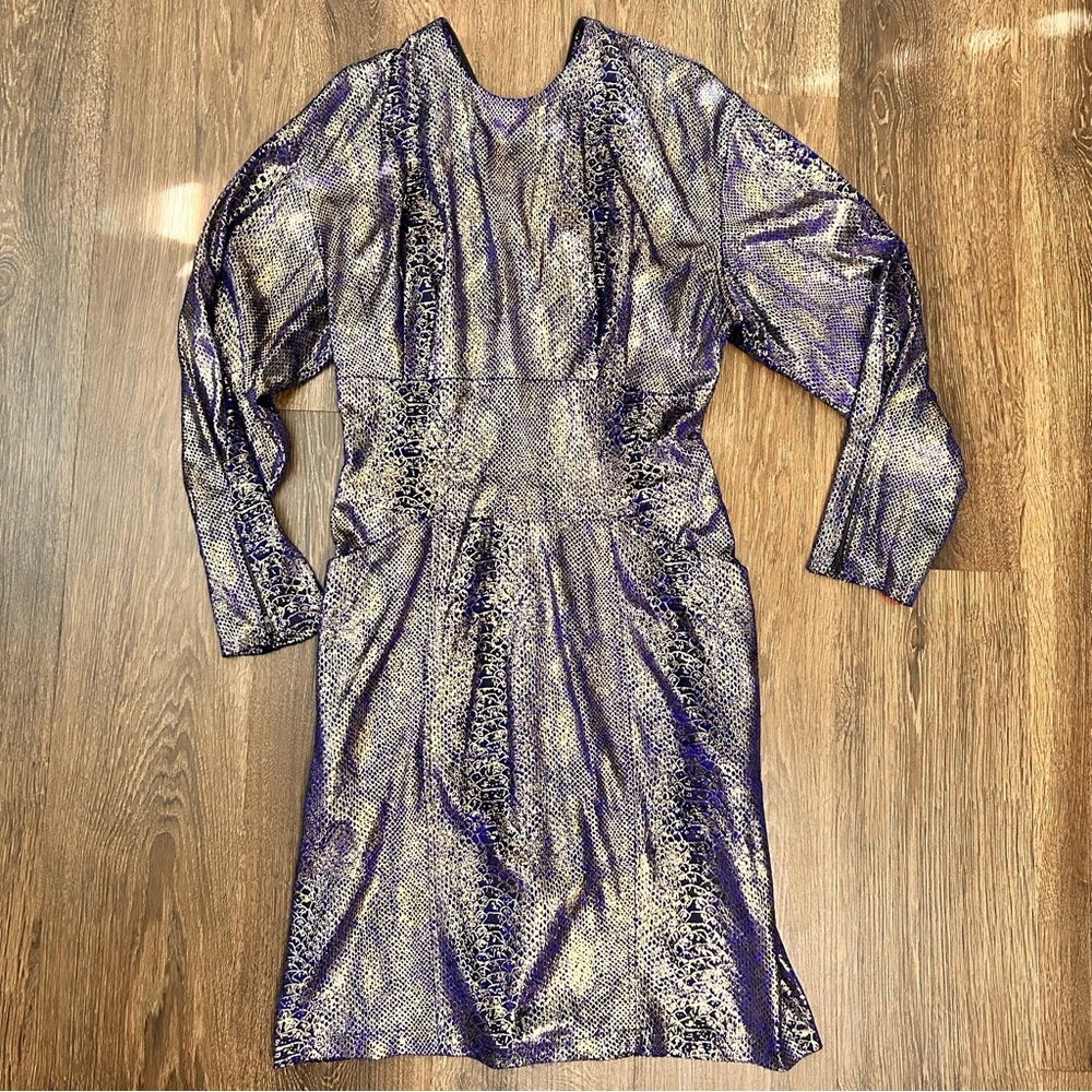 Vintage Janine Paris London‎ New York Zip Up Blue & Gold Snake Velour Dress S